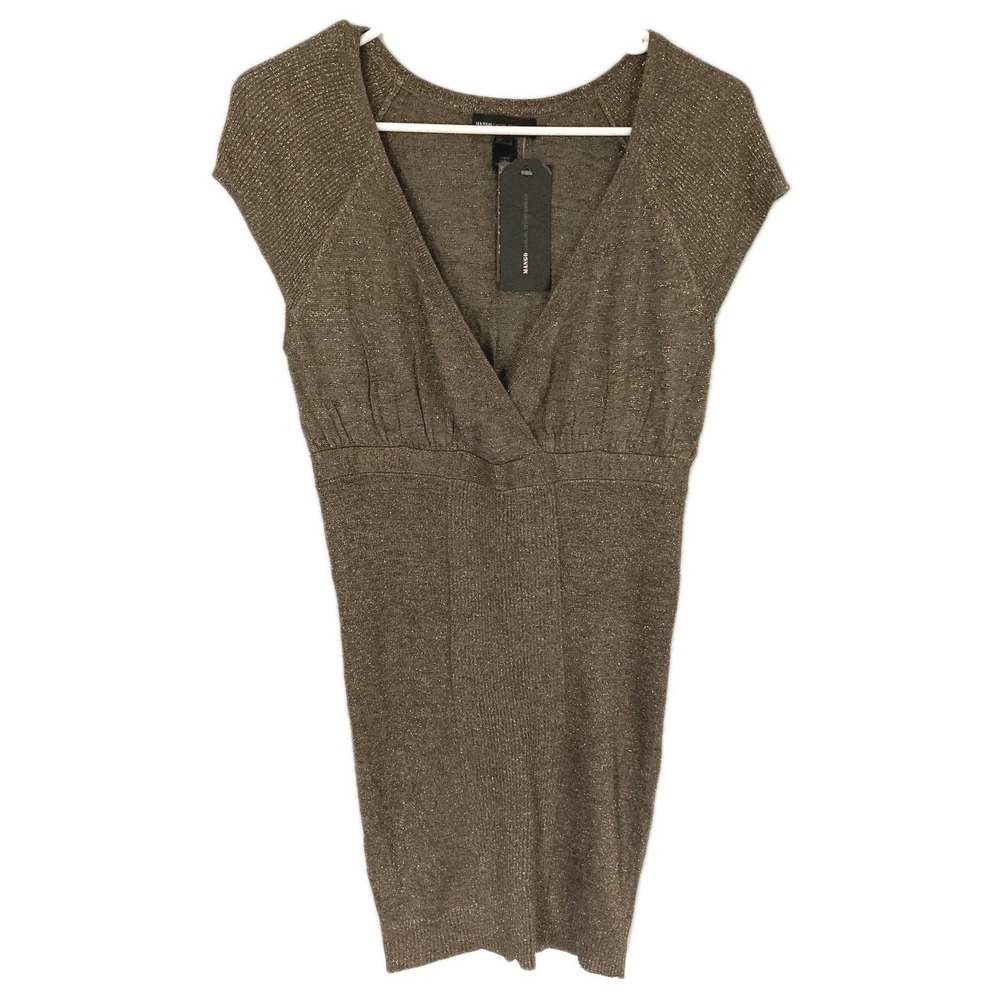 Mango Sweater Dress Women M Brown Metallic Knit Empire Waist V Neck Short NWT